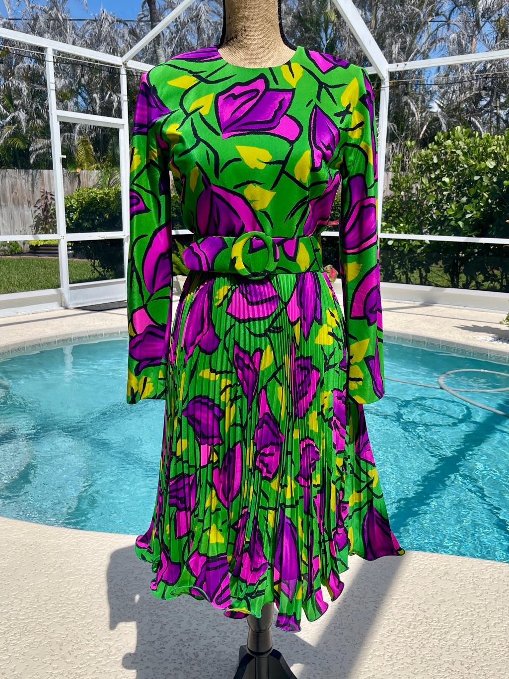 Scaasi Green & Purple Floral Pleated Longsleeve Dress - Vintage - Size 4